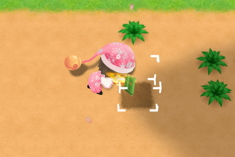 The farmer hoes a single tile on the farm. / Story of Seasons: Friends of Mineral Town