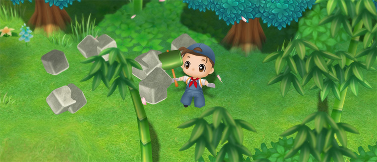 The farmer breaks the boulder near the Bamboo Thicket. / Story of Seasons: Friends of Mineral Town