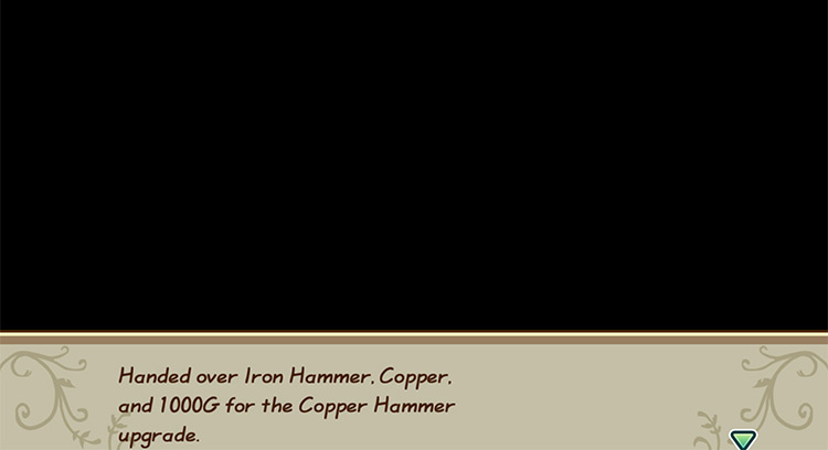 The farmer buys a Hammer upgrade from Saibara. / Story of Seasons: Friends of Mineral Town