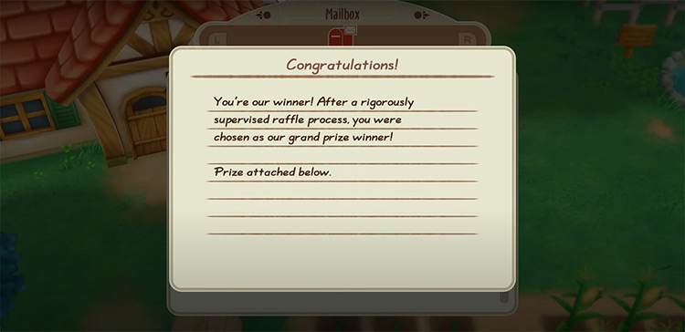 The farmer receives a raffle prize from the Harvest Goddess via mail. Source / Story of Seasons: Friends of Mineral Town
