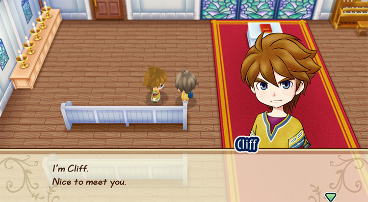 The player talks to Cliff at the Church. / Story of Seasons: Friends of Mineral Town