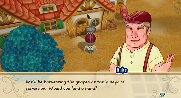Duke talks to the farmer. / Story of Seasons: Friends of Mineral Town
