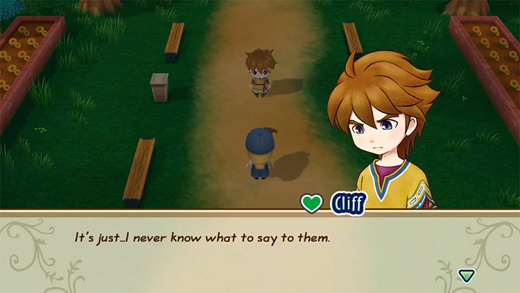 Cliff talks to the farmer after his return. / Story of Seasons: Friends of Mineral Town
