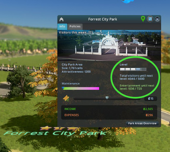 Clicking the name of a park on a map will bring up its info panel, where you can see your progress towards the level milestones. / Cities: Skylines