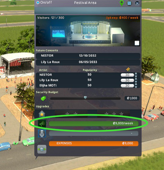 Clicking on your Festival Area will bring up this info panel, from which you can activate an ad campaign / Cities: Skylines