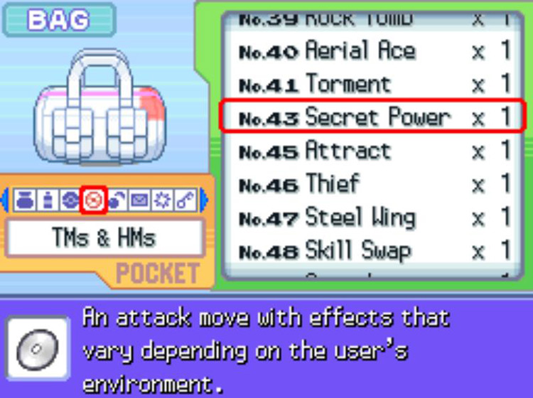 In-game description of TM43 Secret Power / Pokémon Platinum