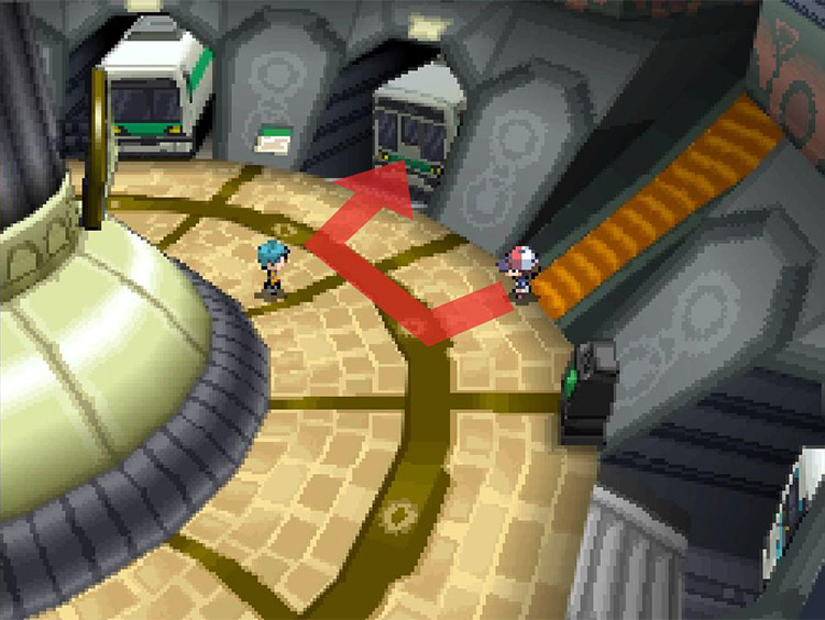 Enter any subway train from the platform. / Pokémon Black and White