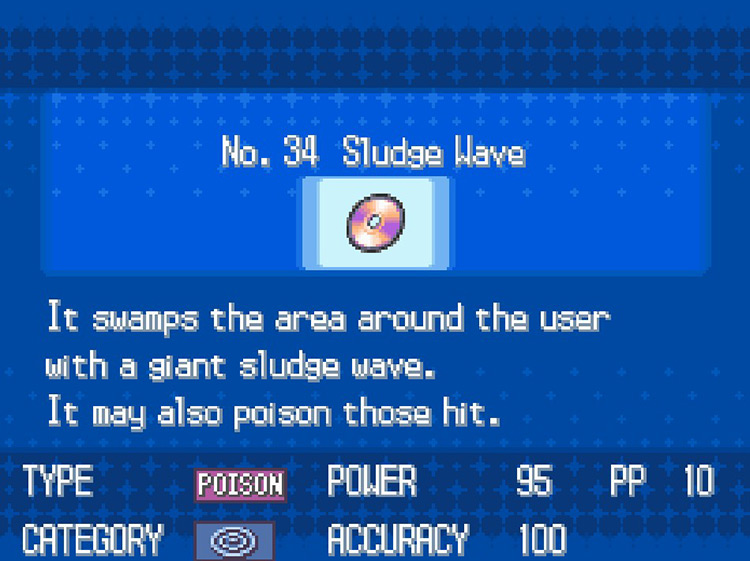 In-game details for TM34 Sludge Wave. / Pokémon Black and White