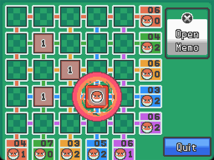 A Voltorb Flip grid after hitting a Voltorb and losing the game. / Pokémon HeartGold and SoulSilver