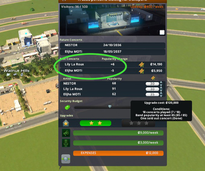 Clicking on the Festival Area lets you see the performers’ popularity, and any changes after each concert. / Cities: Skylines