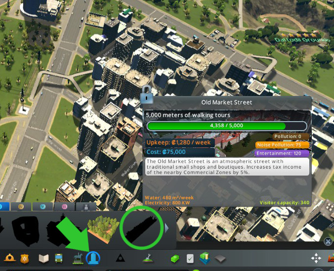 You can hover over the silhouette of Old Market Street to see how many more meters you need. / Cities: Skylines