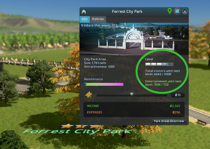 Your park area needs to hit visitor and entertainment value milestones to level up / Cities: Skylines