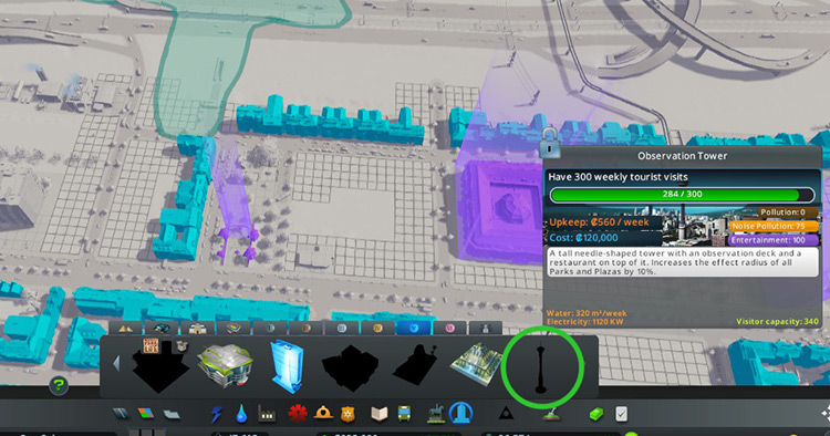 You can hover over the Observation Tower’s silhouette in the Level 5 Unique Buildings menu to see how close you are to the target. / Cities: Skylines