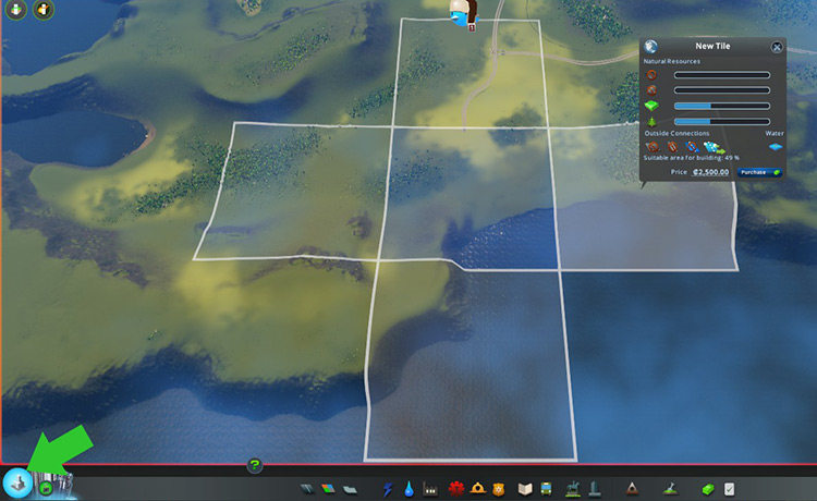 The Areas panel, where you can purchase new tiles / Cities: Skylines