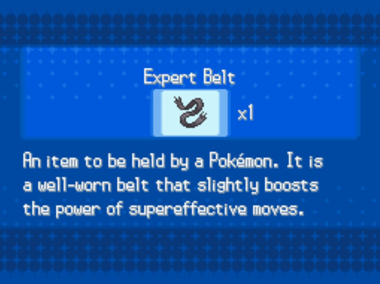 In-game details for Expert Belt. / Pokémon Black and White