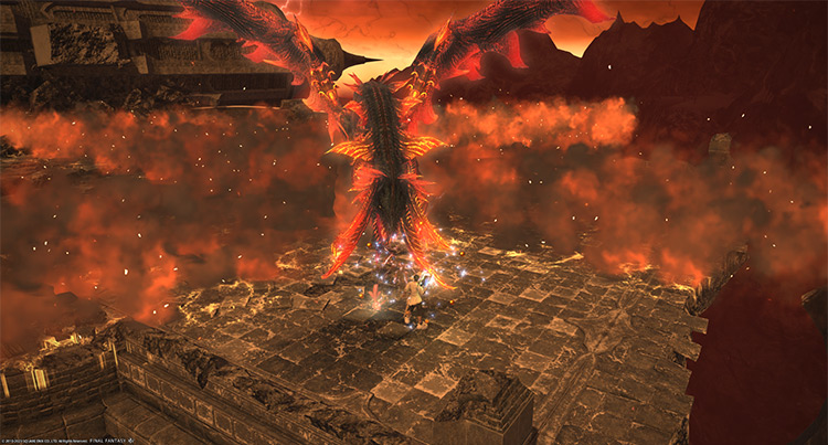 Non-telegraphed “Flame Blast” line AoEs originating from the center / Final Fantasy XIV