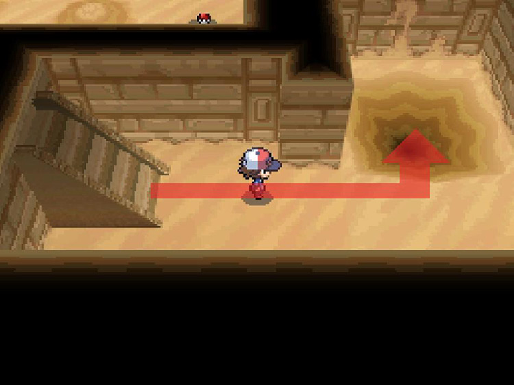 Sink through the sand trap ahead down to the lower floor. / Pokémon Black and White
