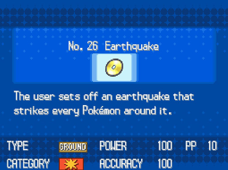 In-game details for TM26 Earthquake. / Pokémon Black and White