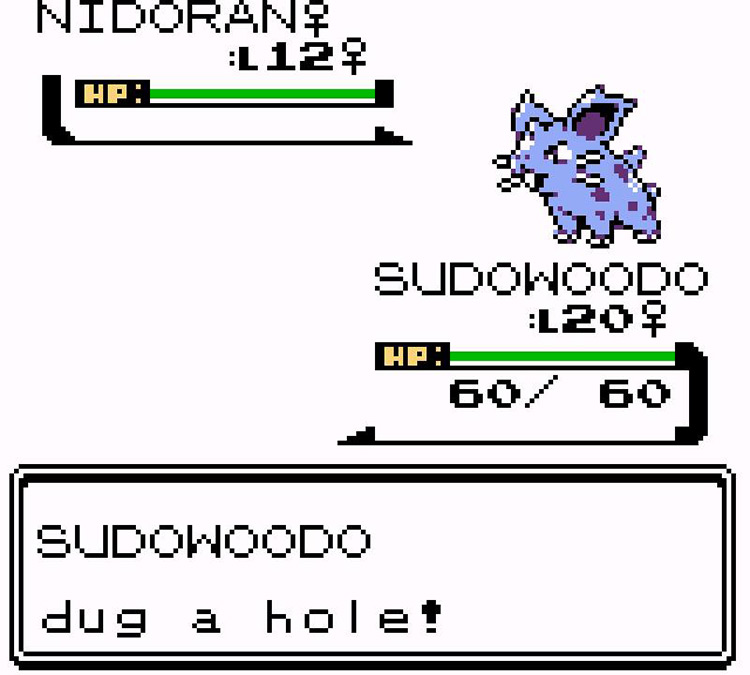 Sudowoodo uses Dig in a battle / Pokémon Crystal