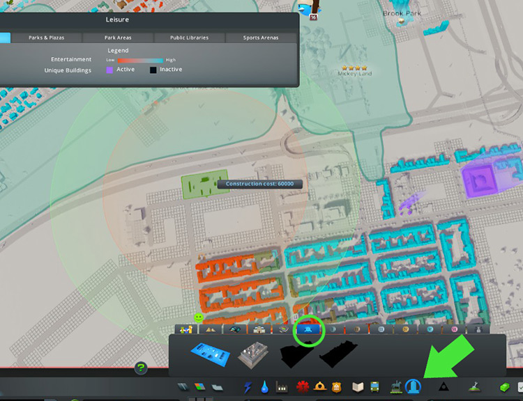When placing the Festival Area, pay attention to the red noise radius. / Cities: Skylines