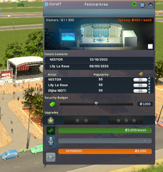 Clicking on the Festival Area will bring up its info panel, which has info on past and upcoming concerts. / Cities: Skylines