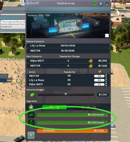 Enabling these two options can boost your chances of concert success, but at a high weekly cost. / Cities: Skylines