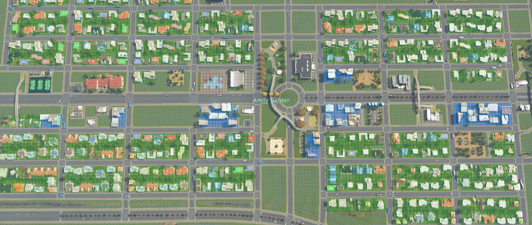 Breaking your commercial zoning into small clusters can help prevent traffic jams. / Cities: Skylines