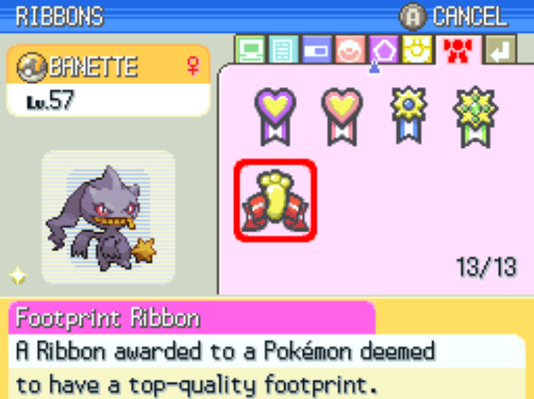 Adding the Footprint Ribbon to Banette’s Ribbon collection / Pokémon Platinum