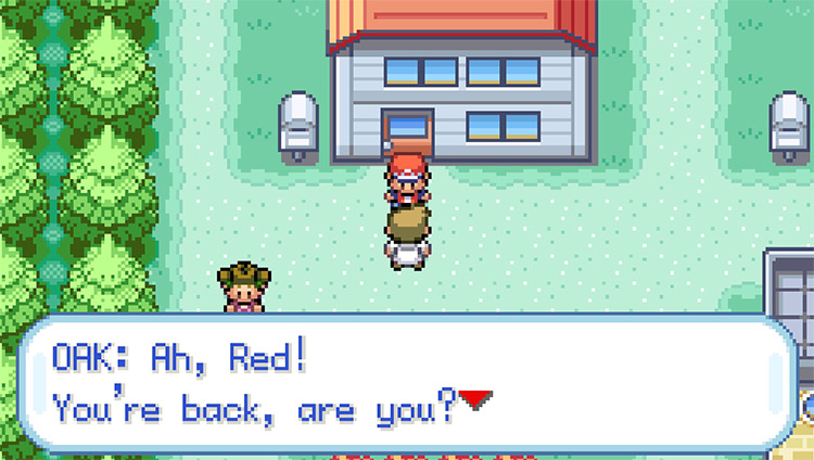 Oak greeting the player after beating the Elite Four for the first time / Pokemon FRLG
