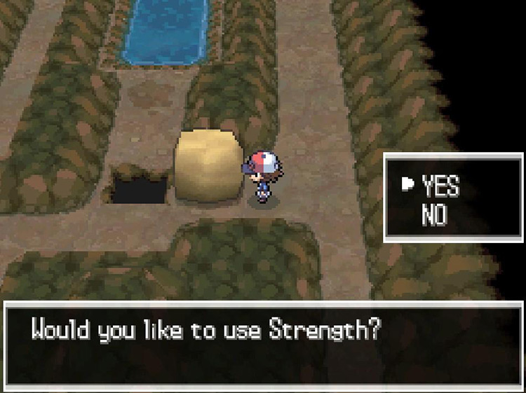 Use Strength to push the boulder onto the hole. / Pokemon BW