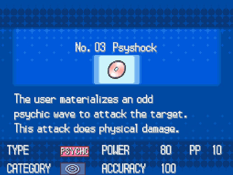 In-game details for TM03 Psyshock. / Pokemon BW