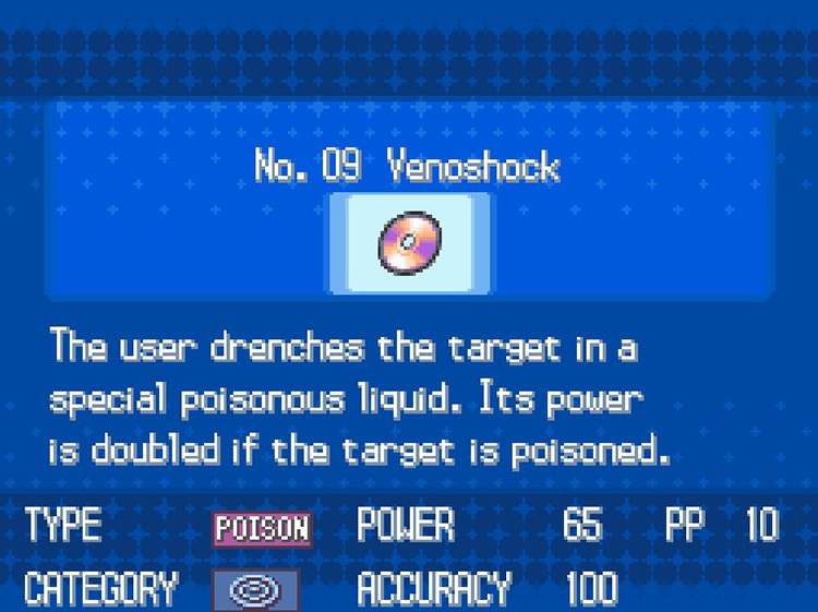 In-game details for TM09 Venoshock. / Pokemon BW
