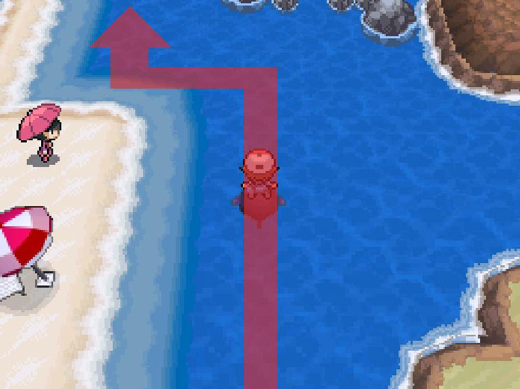 Keep surfing north past the NPC with a parasol. / Pokemon BW