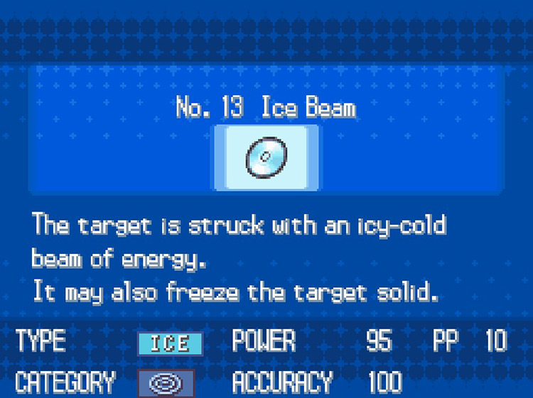 In-game details for TM13 Ice Beam. / Pokemon BW