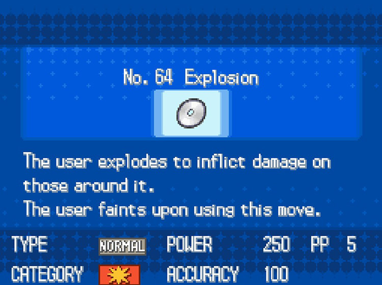 In-game details for TM64 Explosion. / Pokemon BW