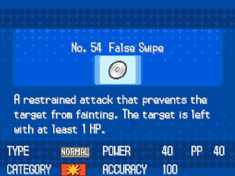 In-game details for TM54 False Swipe. / Pokemon BW