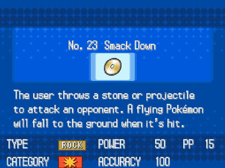 In-game details for TM23 Smack Down. / Pokemon BW