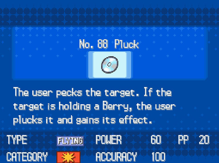 In-game details for TM88 Pluck. / Pokemon BW