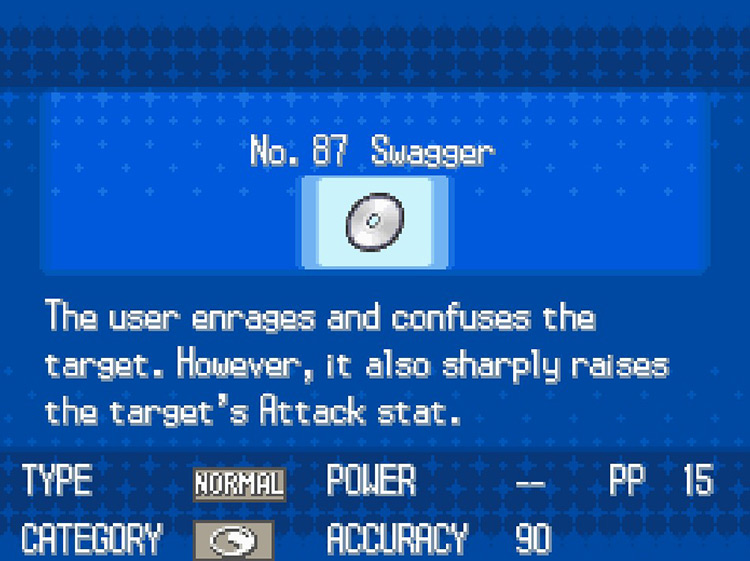In-game details for TM87 Swagger. / Pokemon BW