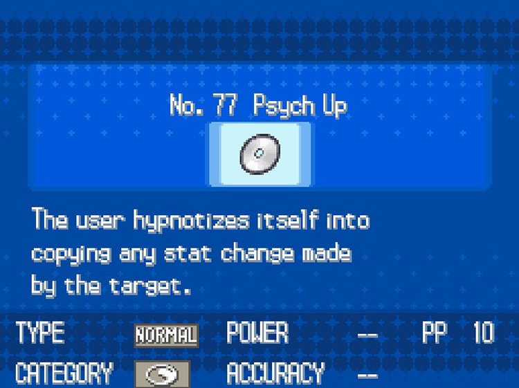 In-game details for TM77 Psych Up. / Pokemon BW