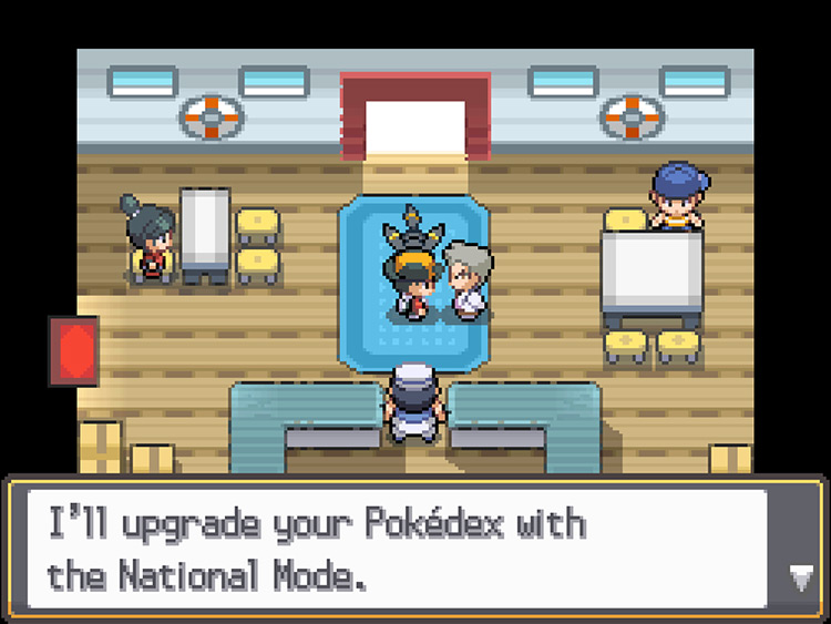 Professor Oak in the port lobby, upgrading the player’s Pokédex / Pokémon HG/SS