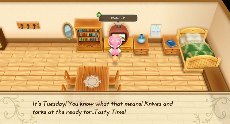 The farmer watches the Tasty Time TV show. / Story of Seasons: Friends of Mineral Town