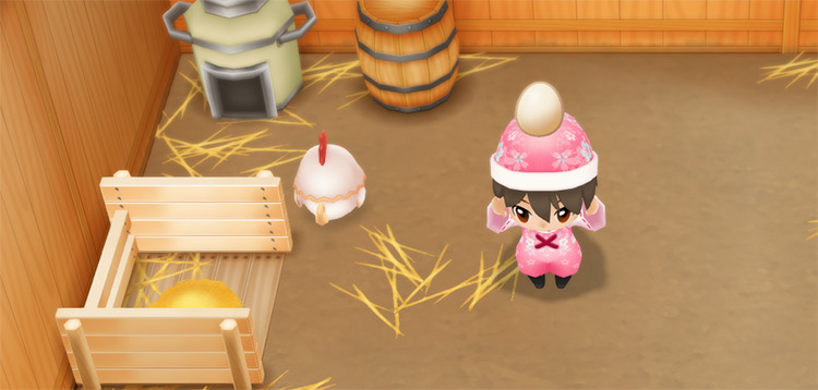 The farmer harvests eggs from mature chickens in the Coop. / Story of Seasons: Friends of Mineral Town