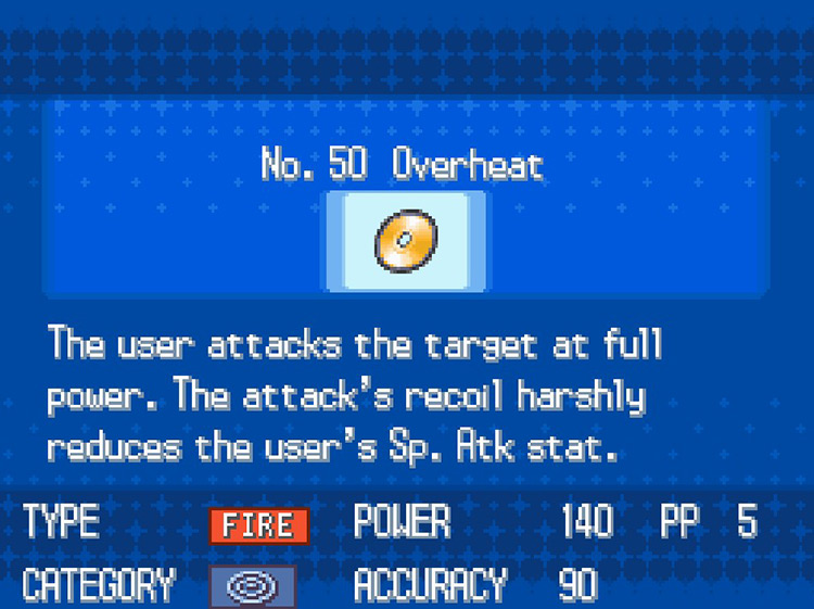 In-game details for TM50 Overheat. / Pokemon BW