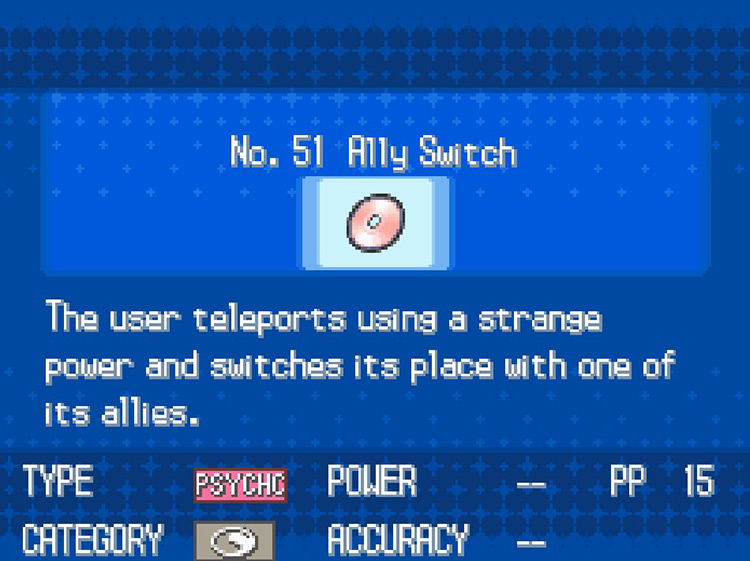 In-game details for TM51 Ally Switch. / Pokemon BW
