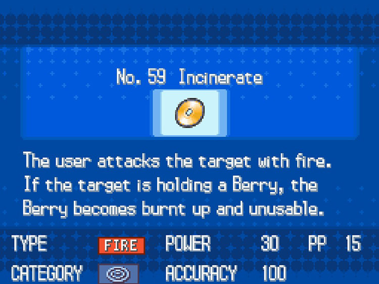 In-game details for TM59 Incinerate. / Pokemon BW