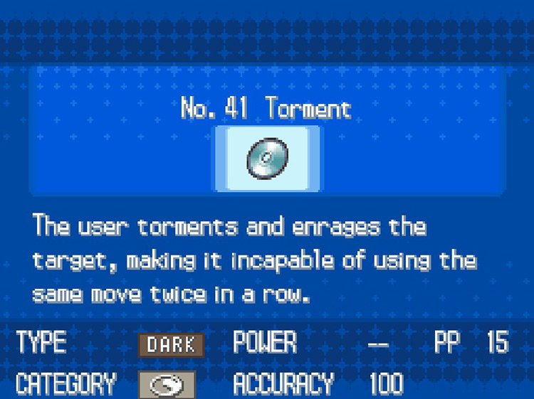 In-game details for TM41 Torment. / Pokemon BW