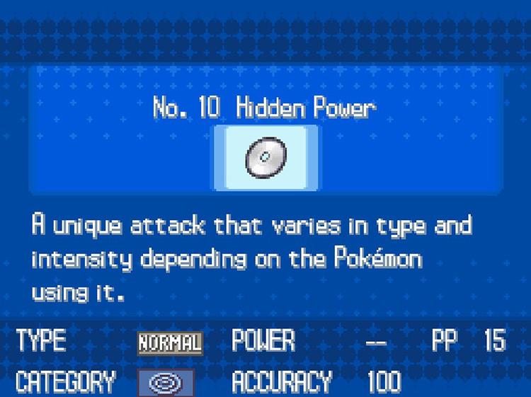 In-game details for TM10 Hidden Power. / Pokemon BW