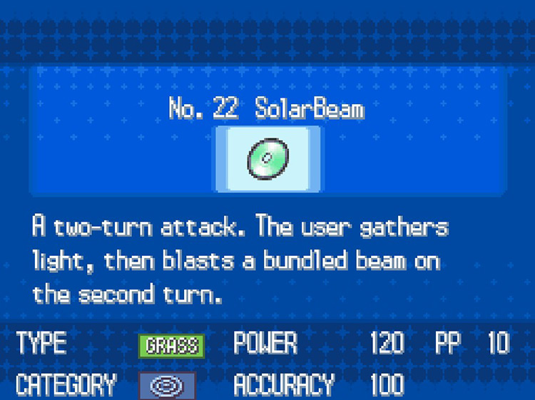 In-game details for TM22 SolarBeam. / Pokemon BW