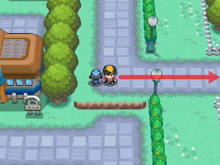 Cerulean City, with an arrow showing how to go to Route 9 / Pokémon HGSS